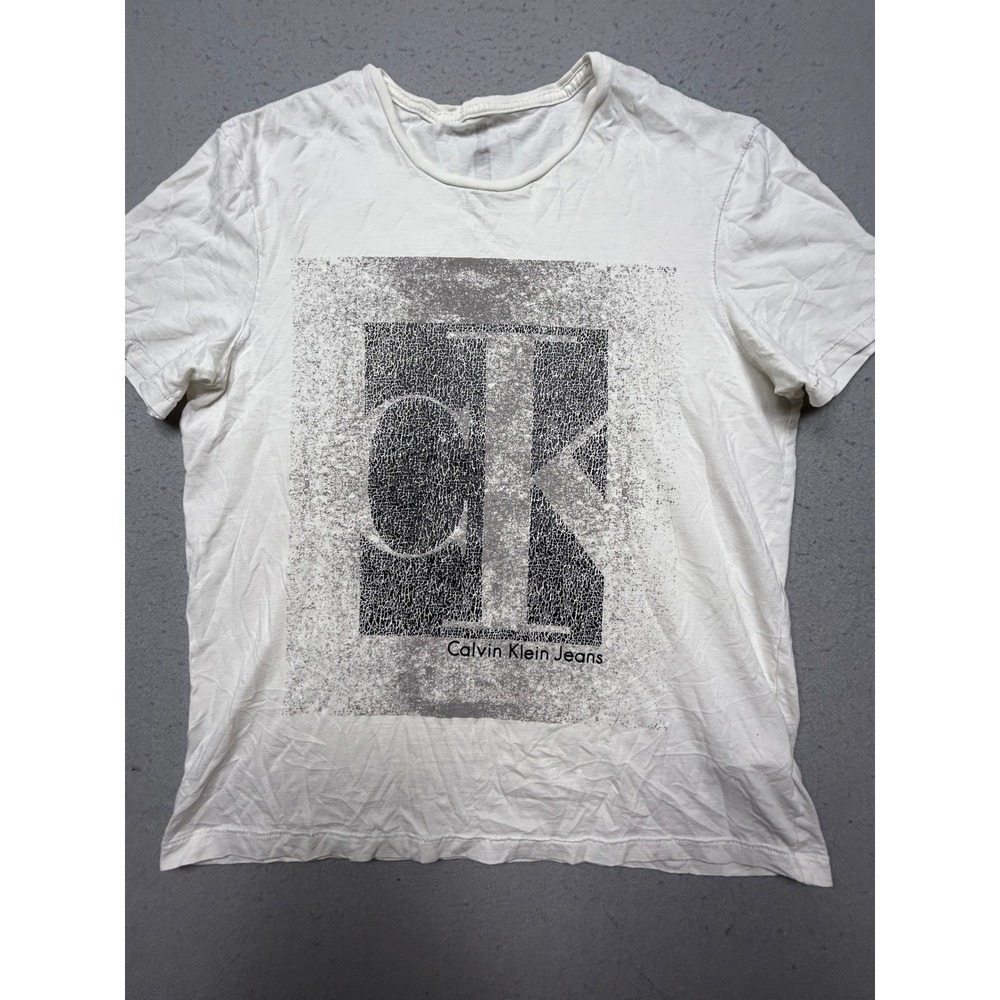 Calvin Klein Jeans T-Shirt Cotton White Large Logo Graphic Large Mens